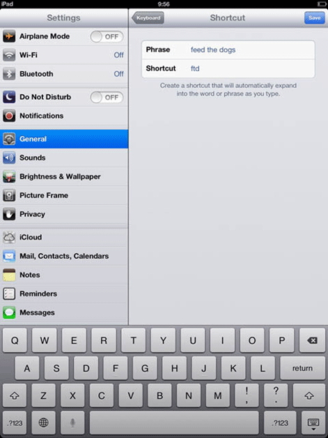 iOS Keyboard Settings, New Shortcut